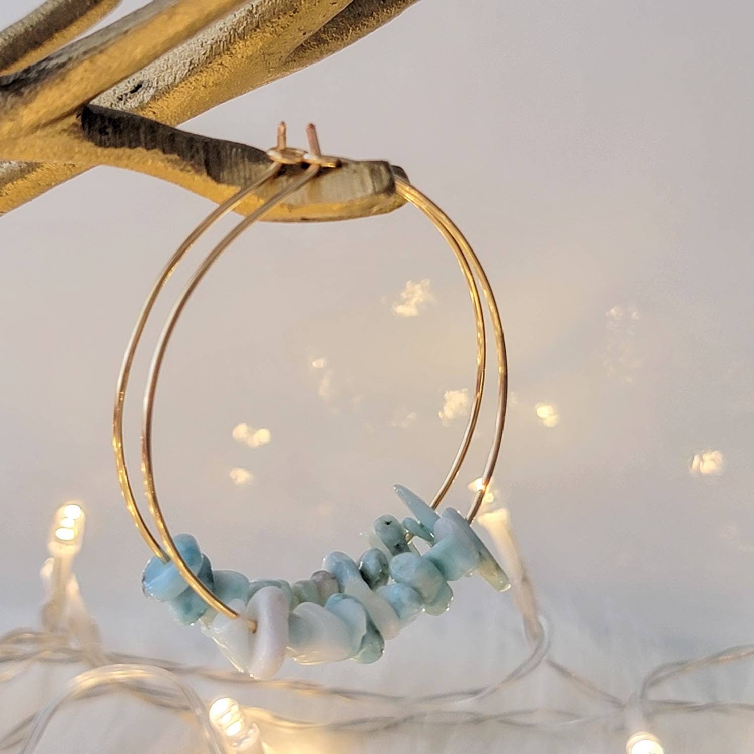 Dainty Larimar Hoop earrings, Thin gold hoop earrings, Large Earring hoops, Big Hoops, Minimalistic Hoop Earrings, Raw Crystal Earrings