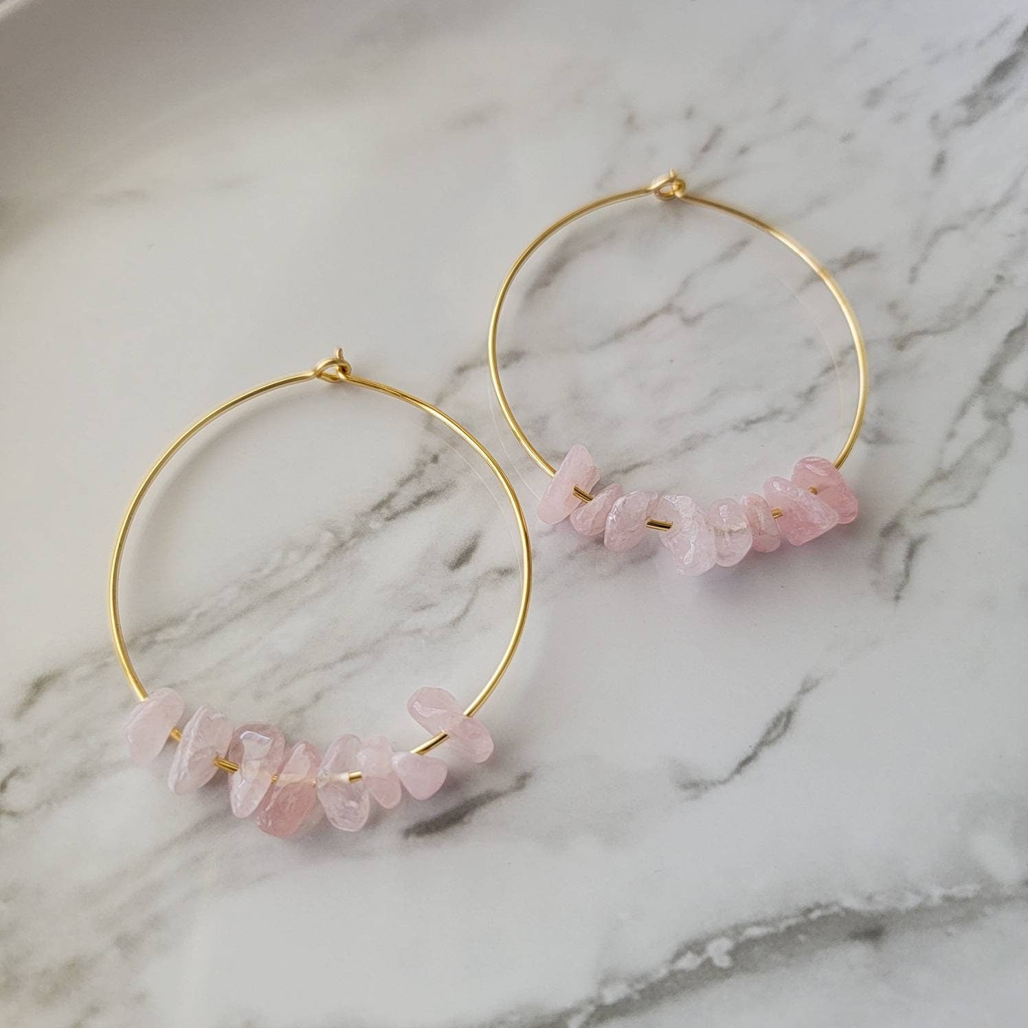 Rose quartz Hoops earrings, Raw Rose quartz earrings, Thin hoop earrings, Raw crystal earrings, Raw stone earrings, christmas-gifted