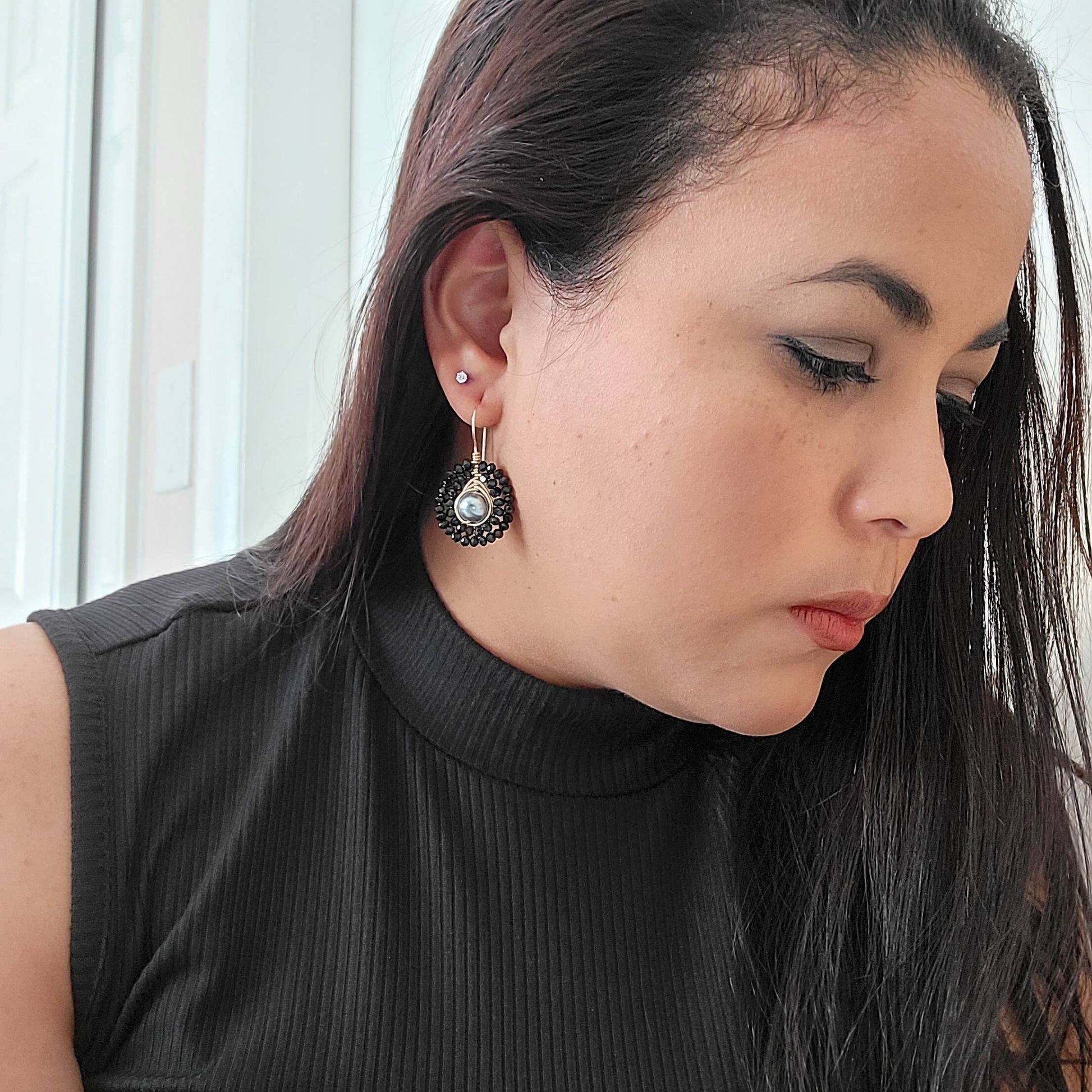 black earrings, Black pearl earrings, Chunky black earrings, Asymmetrical earrings, Teardrop pearl earrings,