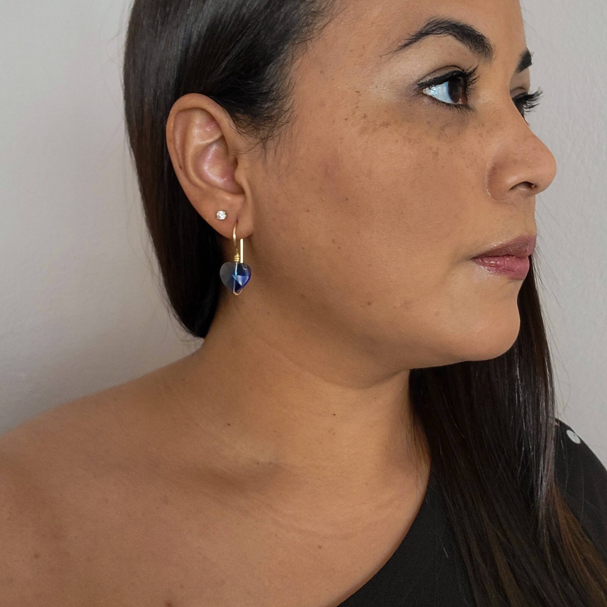 Blue Crystal Heart Earrings, Huggie earrings, Delicate earrings, Tiny drop earrings, Tiny stud earrings, Mother in law gift from bride