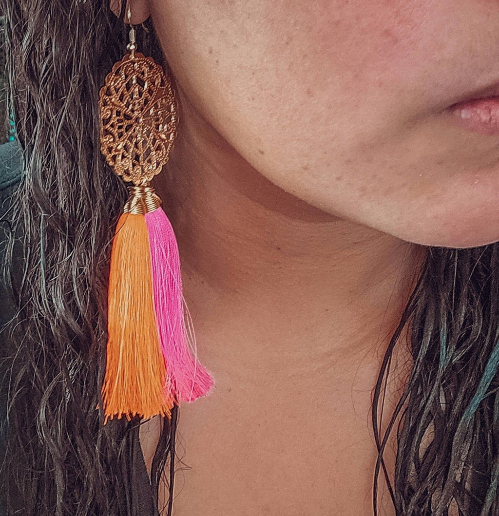 Hot Pink Orange Tassel Earrings, summer color earring, earrings long drops, boho-gifted-earring, giftful earrings, earring for hers