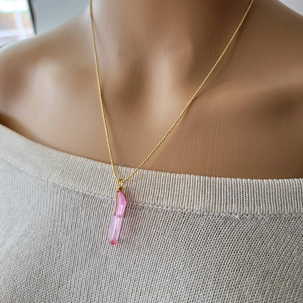 Rose quartz necklace, Quartz point pendant, Quartz crystal point pendant, Rose Quartz Pendant, Gold ball chain, Minimalist layering, gifteds