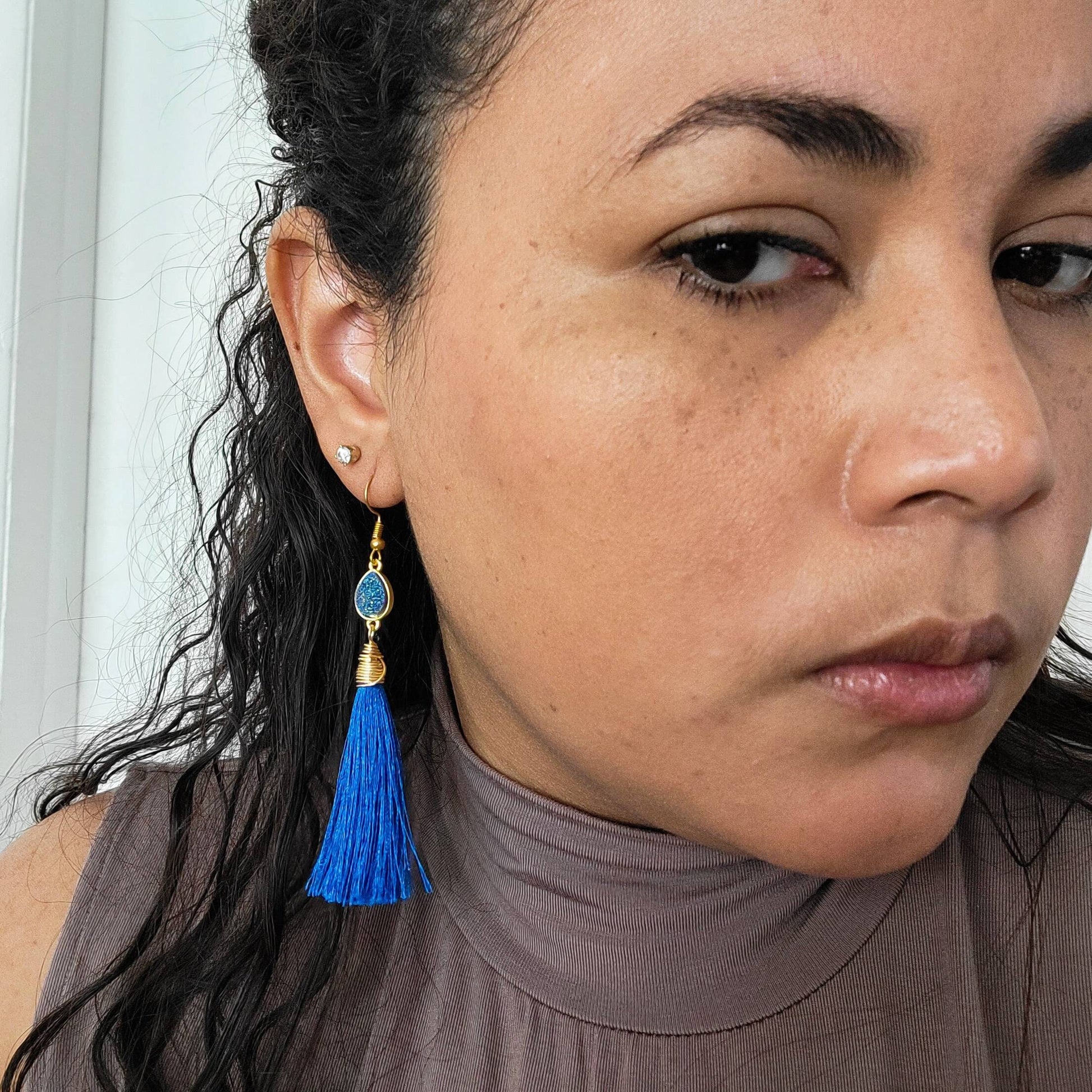 Blue tassel Druzy Earrings, Waterfall Earrings, Statement Tassel Earrings, Gold Fringe EarringsBridesmaid earring, Bridal earring,