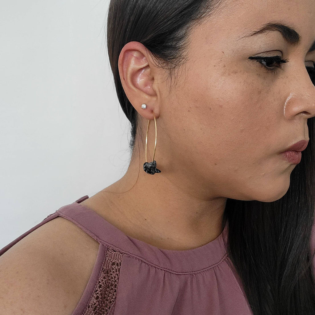 Raw Snowflake Obsidian Earrings, thin wire hoop, Obsidian Hoop Earrings, wire wrap hoop, 14k gold filled hoop, Gemstone chip earrings