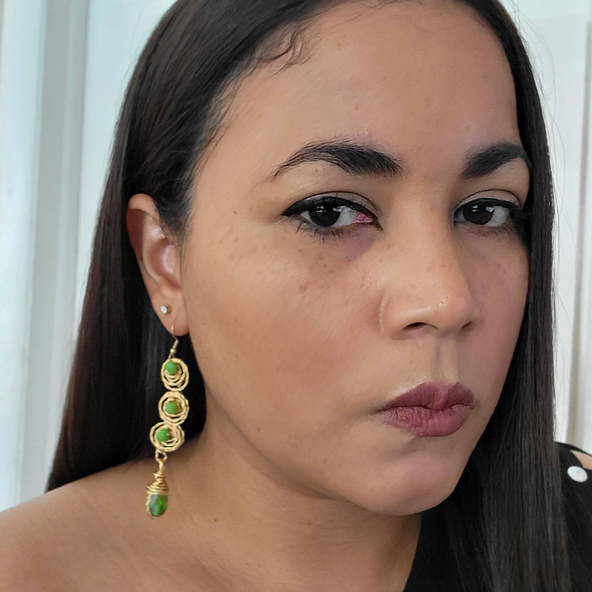 Extra long earrings, Long bridal earrings, Green stone earrings, Crystal earrings dangle, Asymmetrical earrings, Wire wrapped earrings