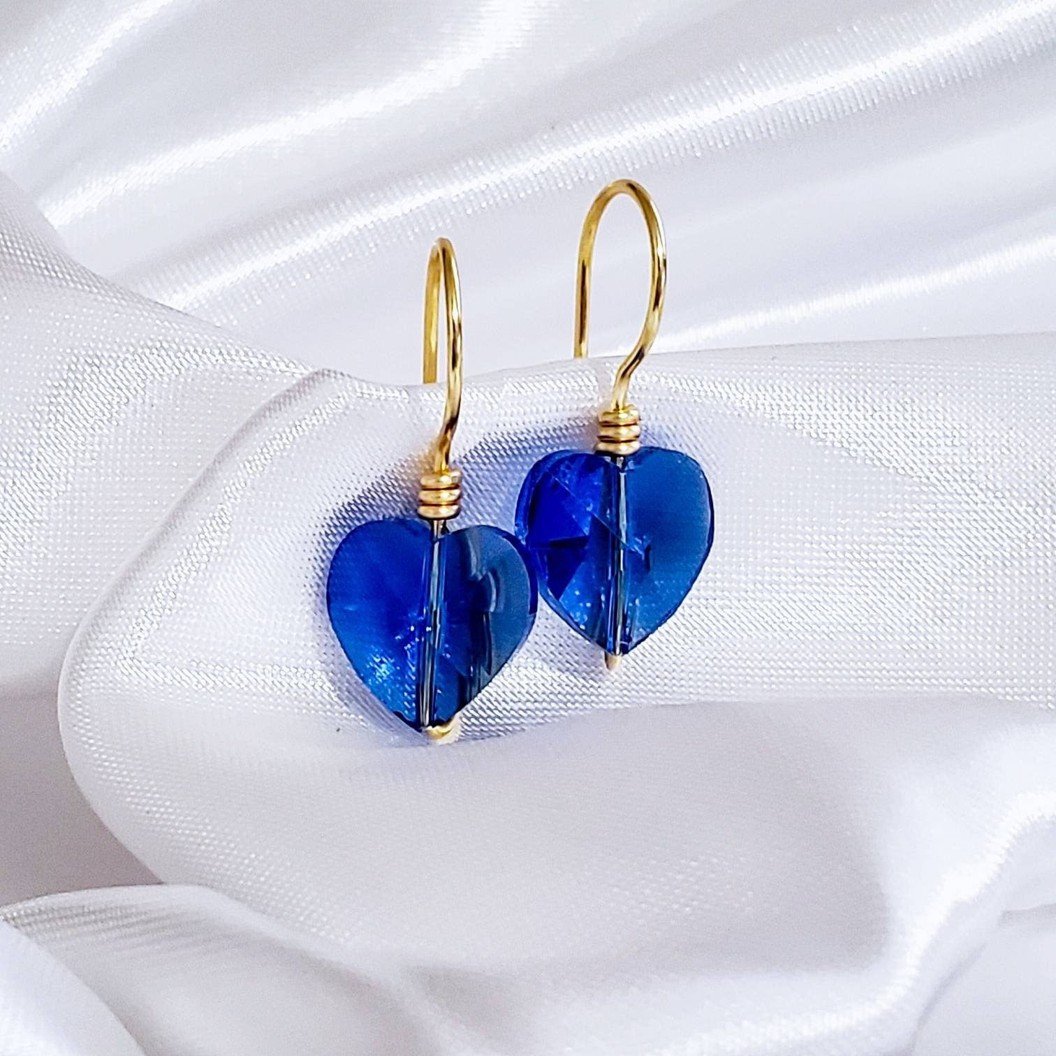 Blue Crystal Heart Earrings, Huggie earrings, Delicate earrings, Tiny drop earrings, Tiny stud earrings, Mother in law gift from bride