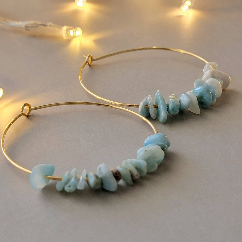 Dainty Larimar Hoop earrings, Thin gold hoop earrings, Large Earring hoops, Big Hoops, Minimalistic Hoop Earrings, Raw Crystal Earrings