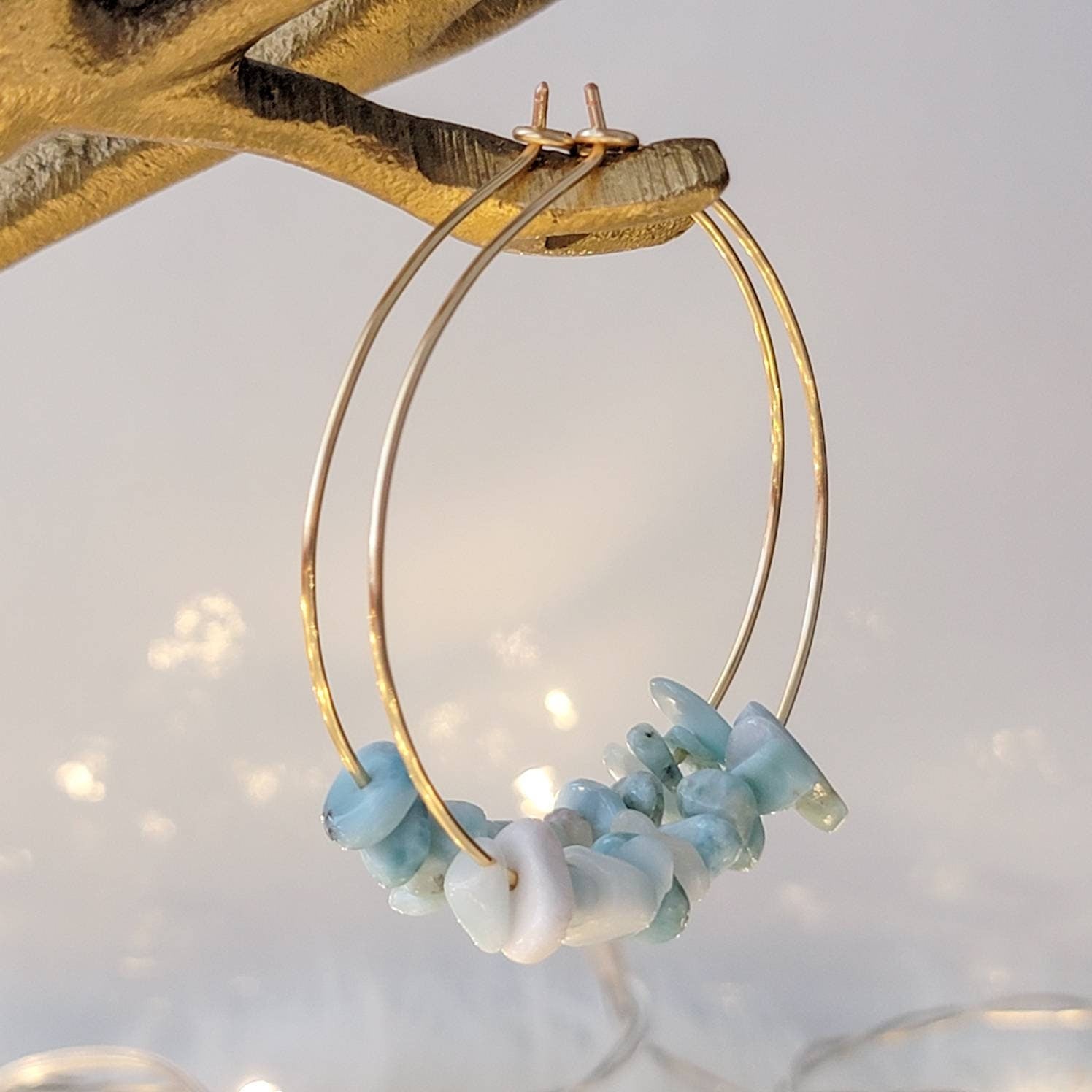 Dainty Larimar Hoop earrings, Thin gold hoop earrings, Large Earring hoops, Big Hoops, Minimalistic Hoop Earrings, Raw Crystal Earrings