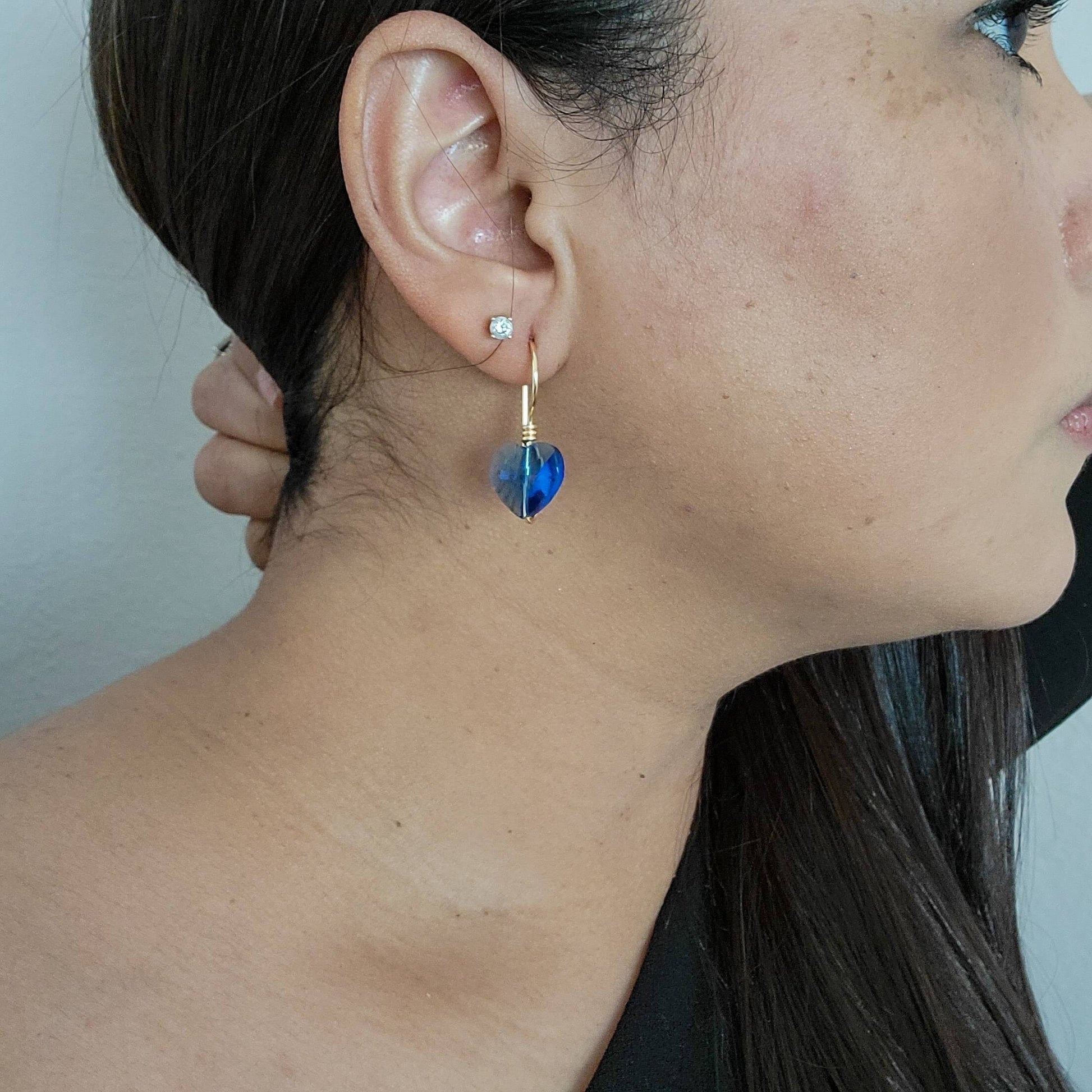 Blue Crystal Heart Earrings, Huggie earrings, Delicate earrings, Tiny drop earrings, Tiny stud earrings, Mother in law gift from bride
