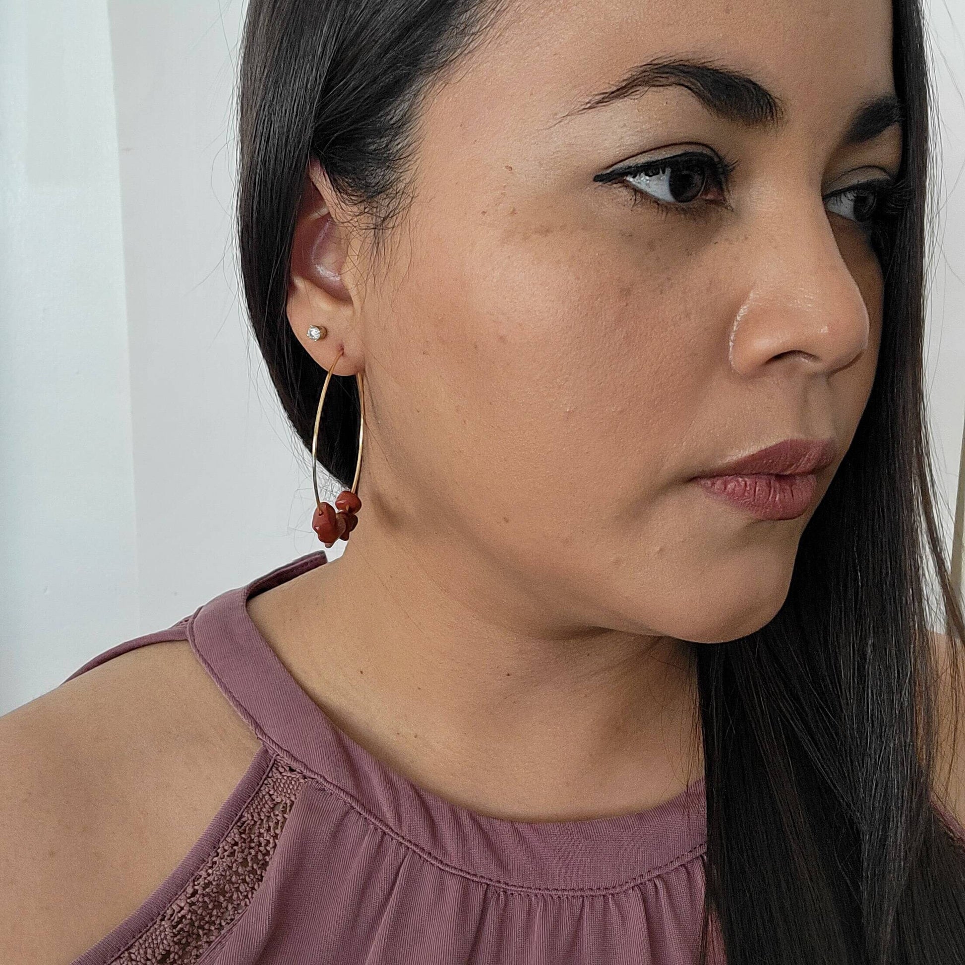 Raw Red jasper earrings, Thin hoop earrings, Gold filled hoop earrings, Unique hoop earrings, Natural Stone Earrings, Birthstone earrings