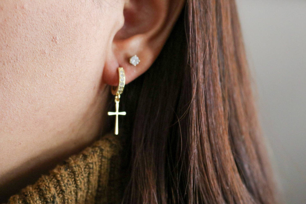 Cross Huggie Hoops, Cross Earrings, Cross Hoop Earrings, Hoop with Cross, Charm Hoop Earrings, Gold Hoop Earrings, Dainty Hoop