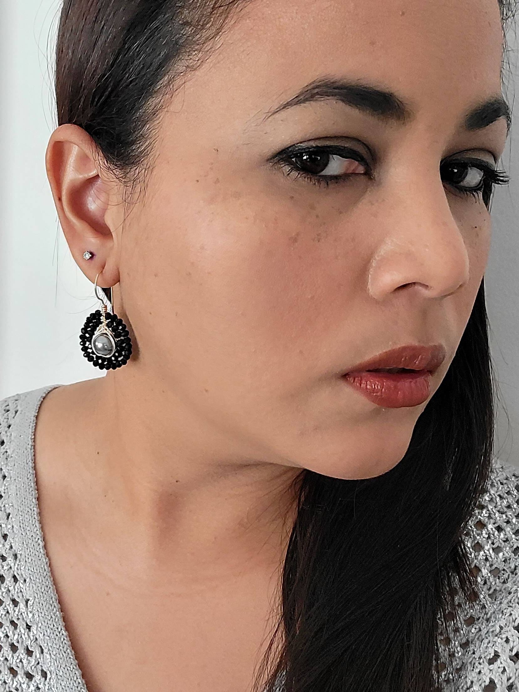 black earrings, Black pearl earrings, Chunky black earrings, Asymmetrical earrings, Teardrop pearl earrings,