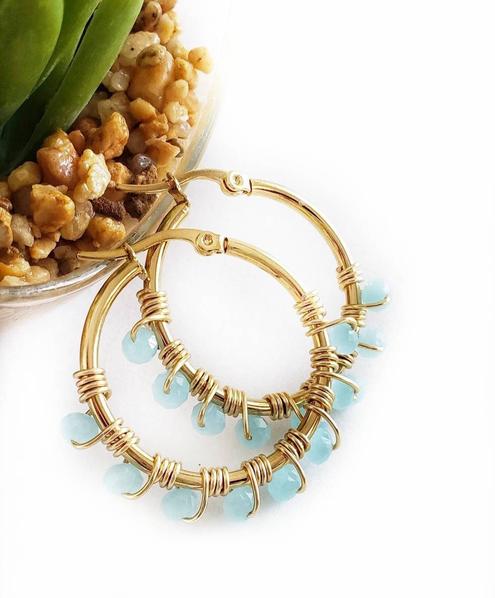 Hoop aquamarine earrings, Birthstone hoop earrings, Aquamarine Huggie Hoops, Wedding Jewelry, Perfect Gift for Her, christmas gifts