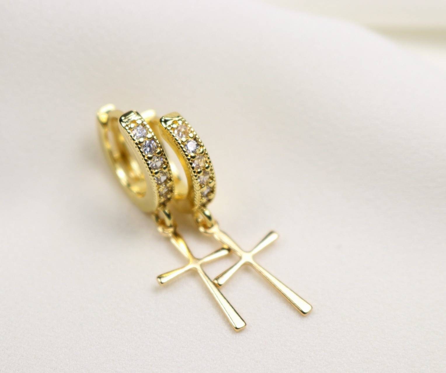 Cross Huggie Hoops, Cross Earrings, Cross Hoop Earrings, Hoop with Cross, Charm Hoop Earrings, Gold Hoop Earrings, Dainty Hoop