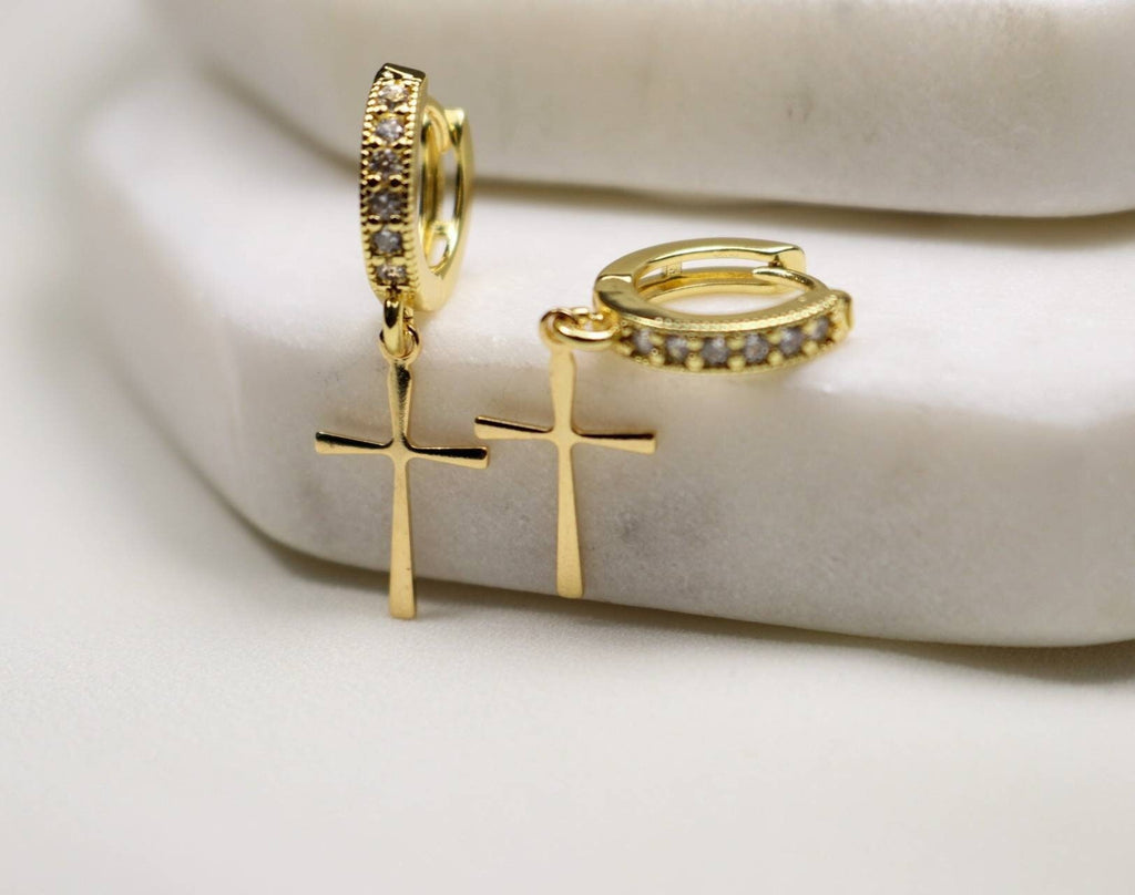 Cross Huggie Hoops, Cross Earrings, Cross Hoop Earrings, Hoop with Cross, Charm Hoop Earrings, Gold Hoop Earrings, Dainty Hoop