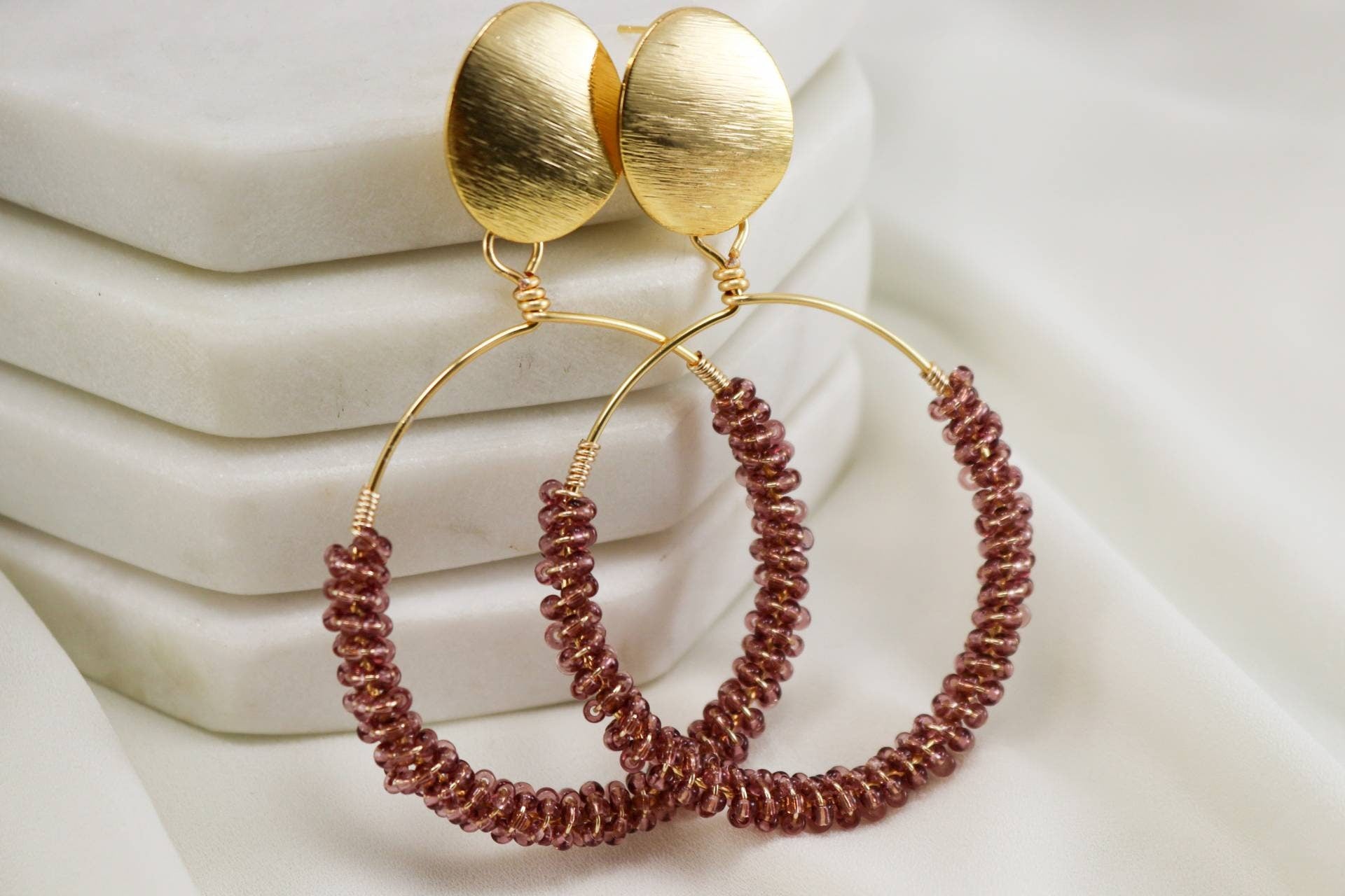 Colorful Beaded hoops, Large hoop earrings, gold filled hoops, statement earrings, seed bead hoops, colorful earrings, gift for friend
