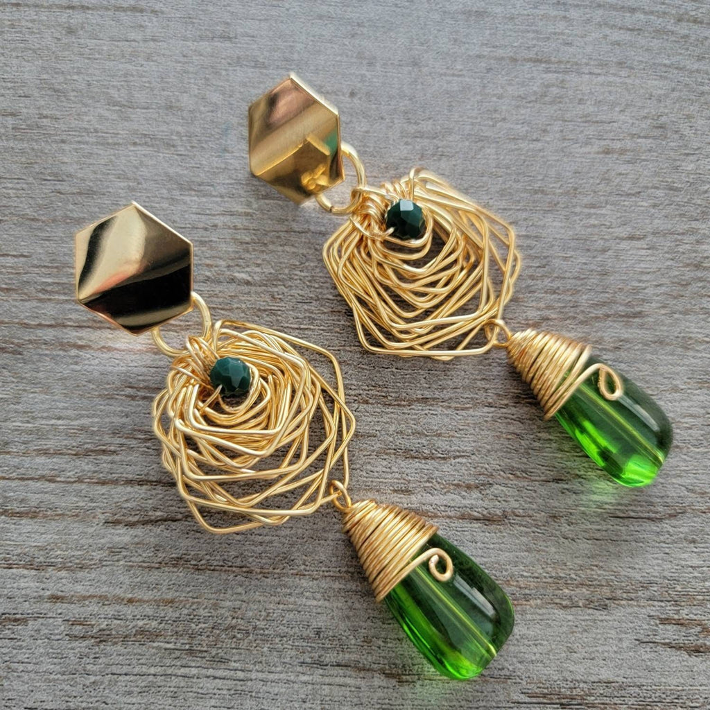 Gold spiral Wire wrap earrings, Large stone earrings, Geometric earrings, Asymmetrical earrings, mothers days gifted, giftful daughter