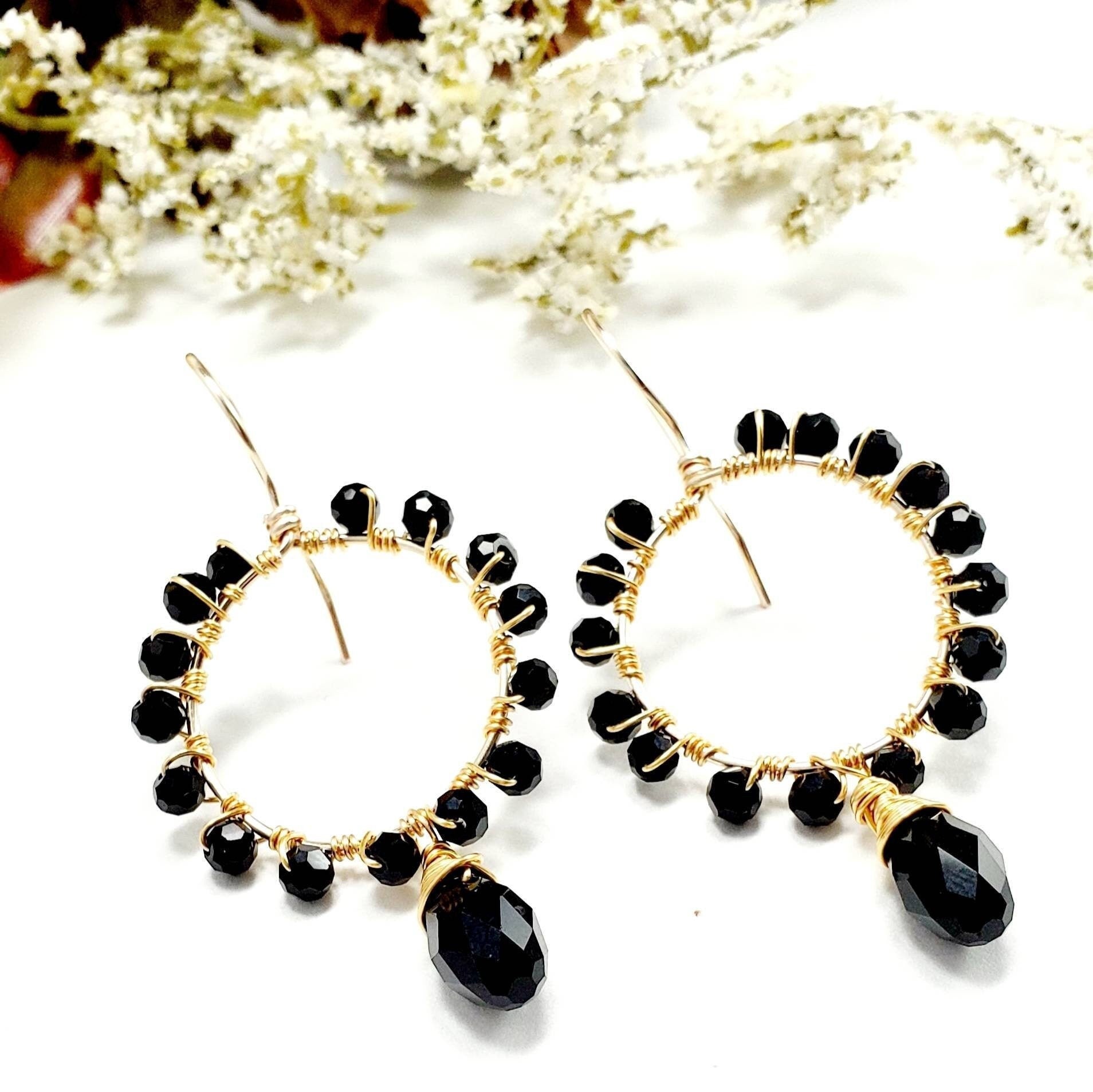 Black hoop earrings for women,Hoop earrings with charm, Gold filled hoop earrings, trendy hoop earrings, gold black hoops, everyday earrings