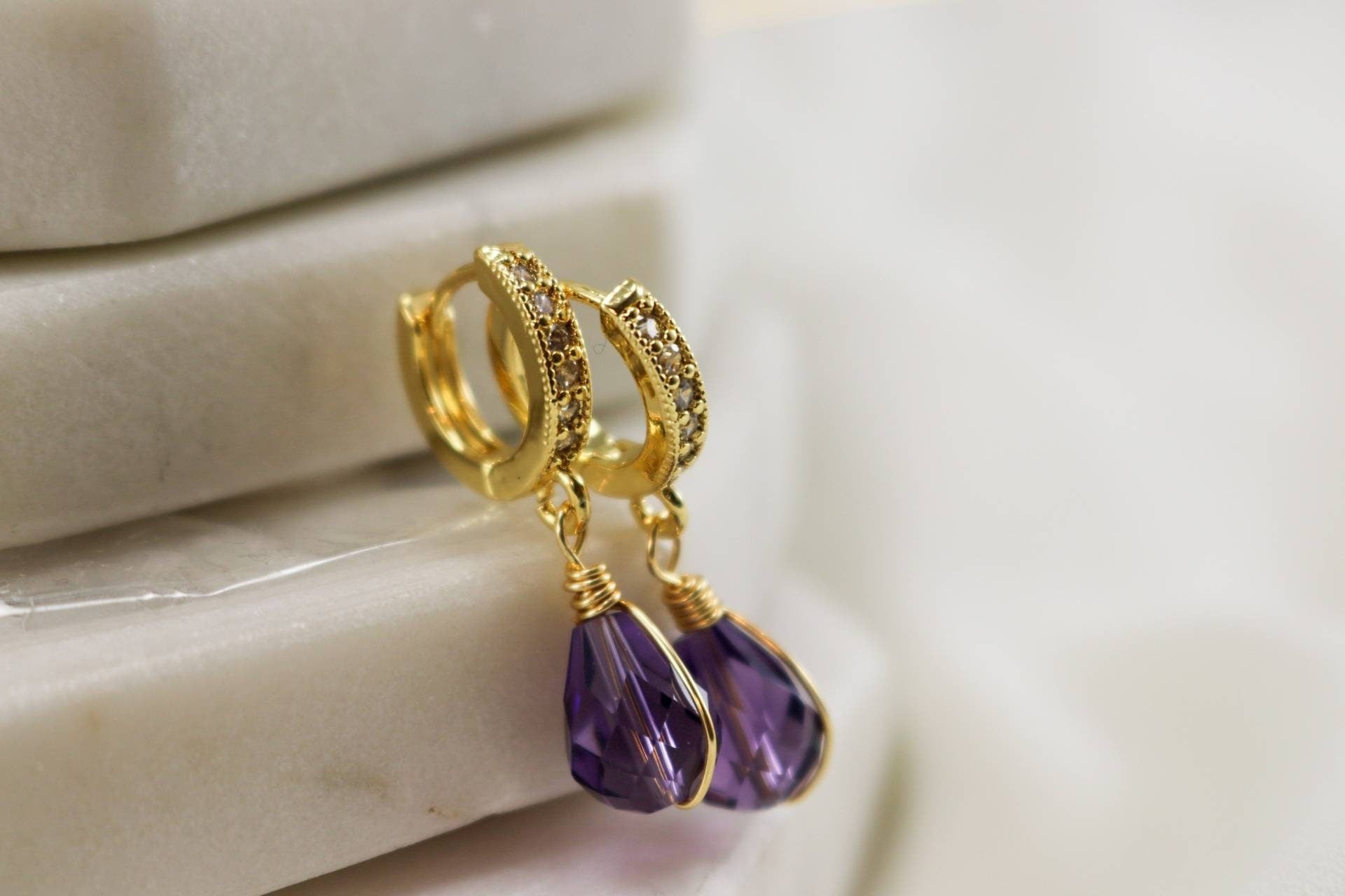 february birthstone, Amethyst Crystal drop Hoop earrings, Huggie earrings, Small hoop earrings, Tiny hoop earrings, Hoop earrings with charm