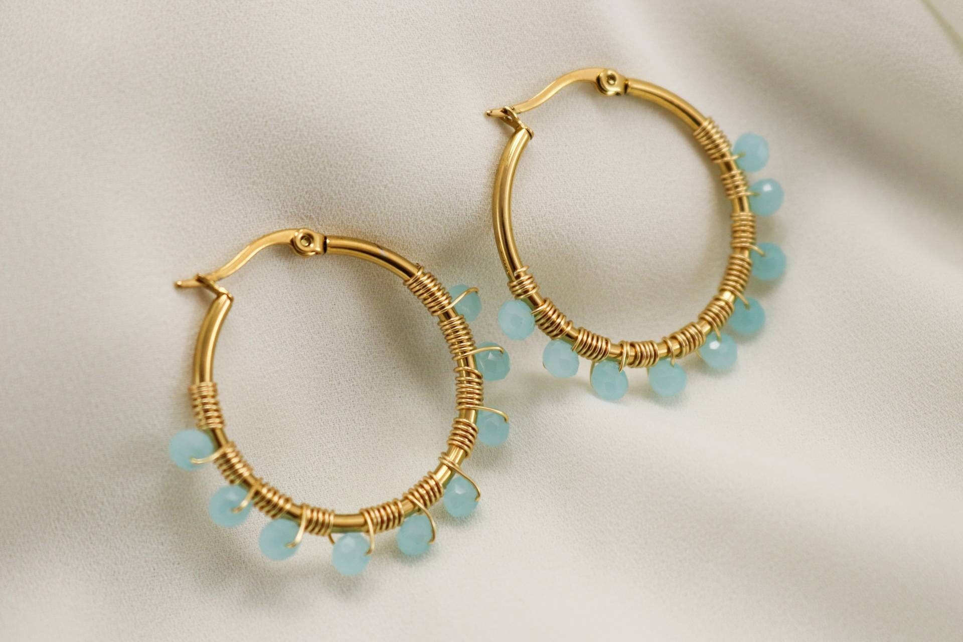 Hoop aquamarine earrings, Birthstone hoop earrings, Aquamarine Huggie Hoops, Wedding Jewelry, Perfect Gift for Her, christmas gifts