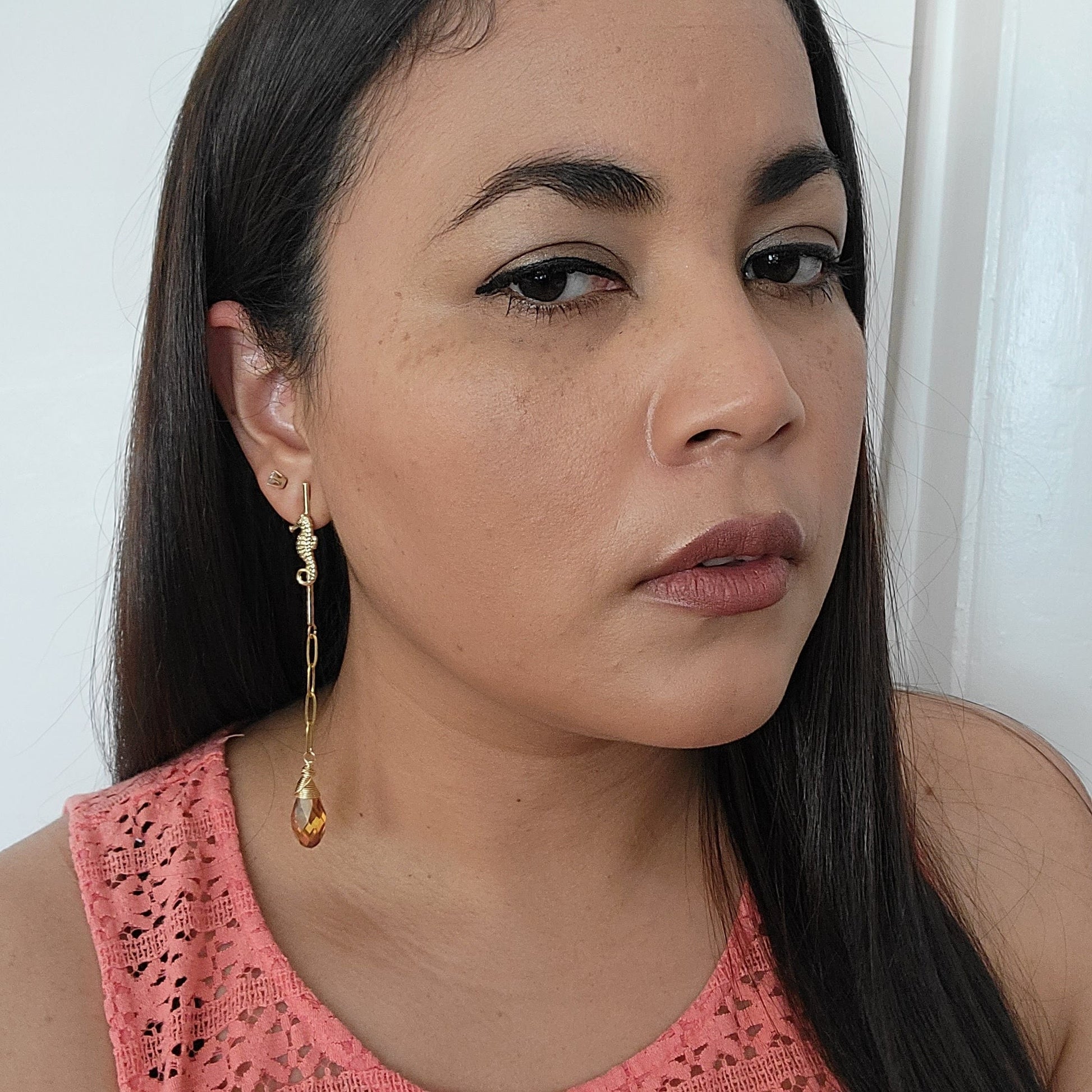 Threader Chain Earrings, Seahorse chic earrings, minimal earrings, dainty earrings, celestial hoops, cz chain earring, chain stud earring