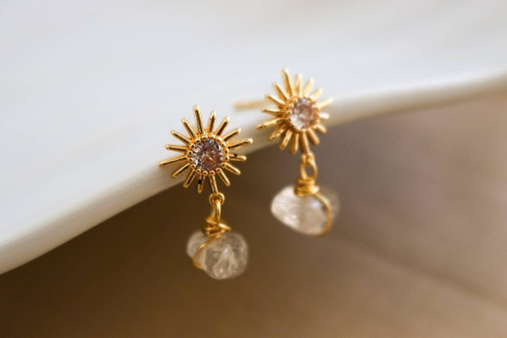 Dainty Sun Star Earrings, Sun Earrings Gold,Minimalist Earring, Drop Clear Quartz Earrings, Crystal Earrings, Giftful earrings,Gifts For-Her