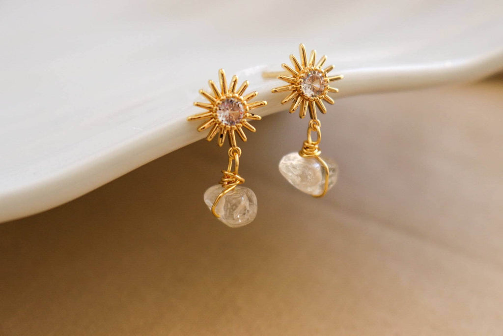 Dainty Sun Star Earrings, Sun Earrings Gold,Minimalist Earring, Drop Clear Quartz Earrings, Crystal Earrings, Giftful earrings,Gifts For-Her