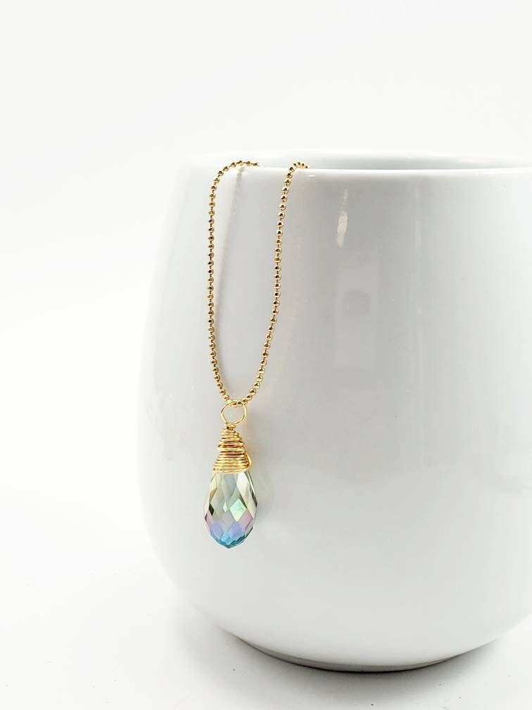 Dainty Teardrop Crystal necklace, Gold filled necklace, Thin Layering necklace chain, Gold chain necklace, minimalist layering,Gifts for-her