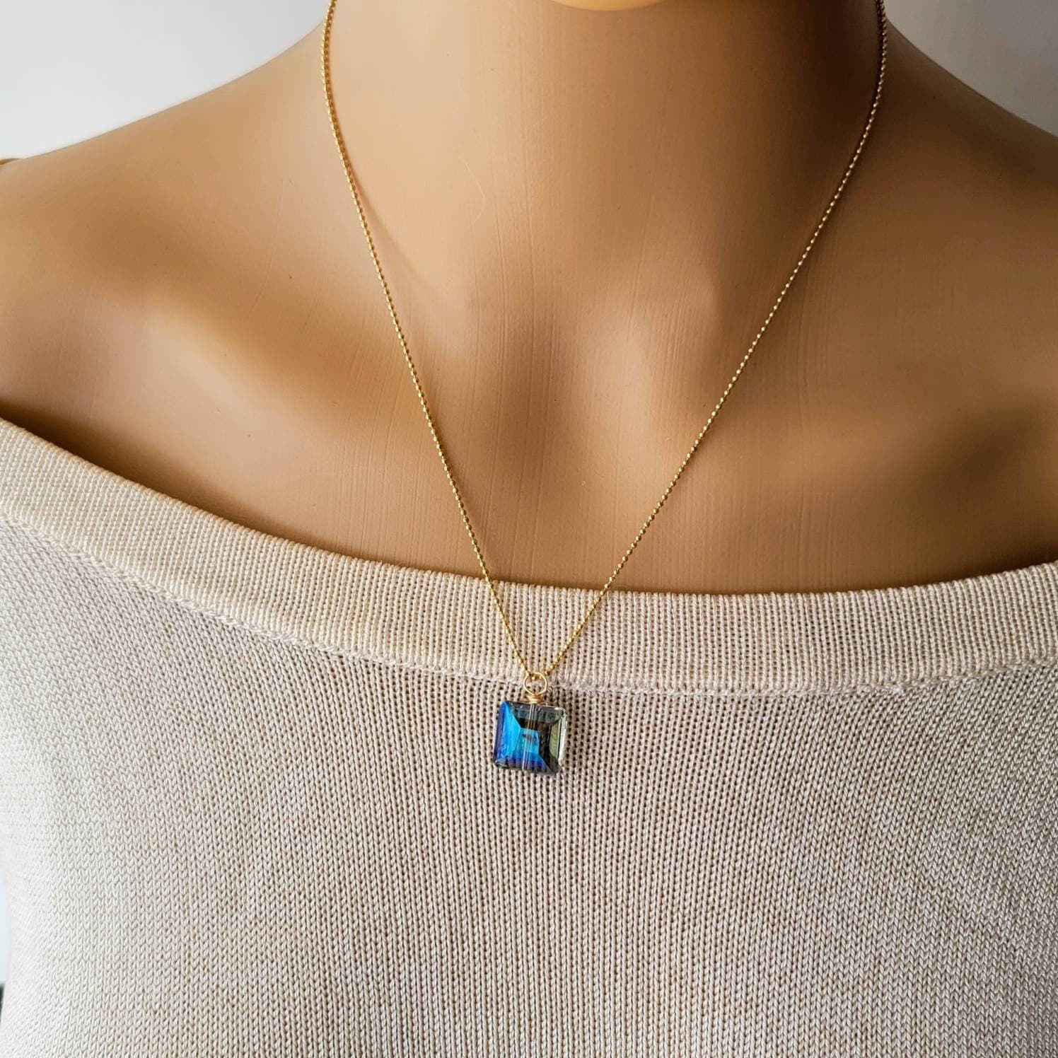 Blue Crystal necklace, 18k gold filled necklace, Ball chain necklace, Thin chain necklace, Thin gold necklace chain, Christmas gifts