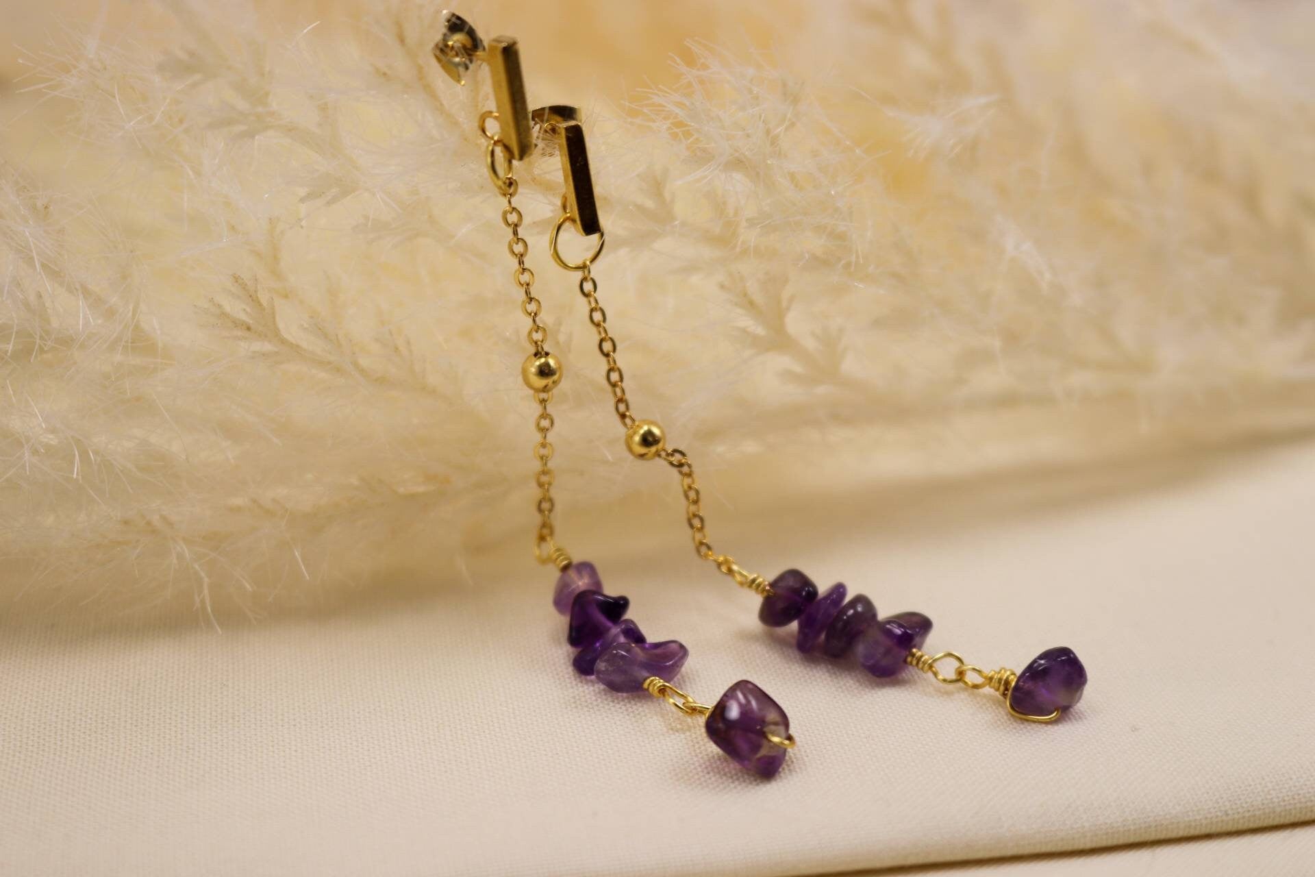 Drop Chain Earrings, Dainty Amethyst Earrings, Gold Chain Earrings, Minimalist Earrings, Gold Earrings Threaders, Dropping Earring, For Mom