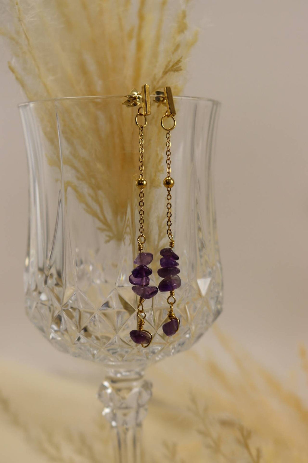 Drop Chain Earrings, Dainty Amethyst Earrings, Gold Chain Earrings, Minimalist Earrings, Gold Earrings Threaders, Dropping Earring, For Mom