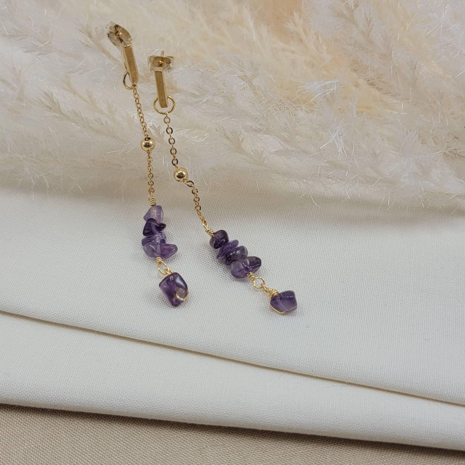 Drop Chain Earrings, Dainty Amethyst Earrings, Gold Chain Earrings, Minimalist Earrings, Gold Earrings Threaders, Dropping Earring, For Mom