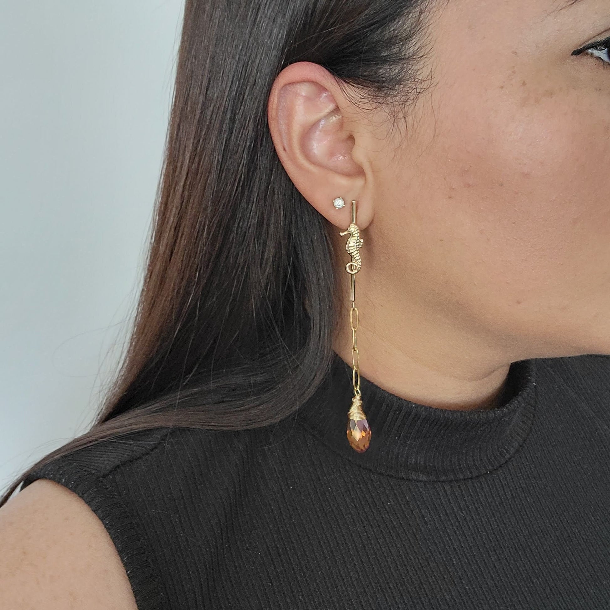 Threader Chain Earrings, Seahorse chic earrings, minimal earrings, dainty earrings, celestial hoops, cz chain earring, chain stud earring