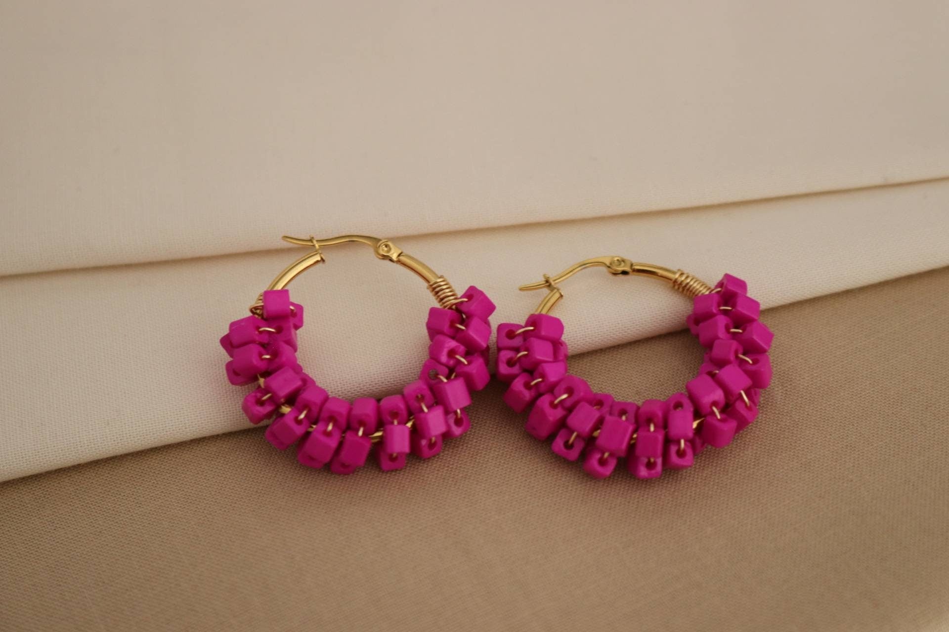 Hot Pink Earrings, thick hoop earrings, Chunky hoop earrings Gold filled hoops, Fuchsia Earrings, gift for- her, summer gifts, beach giftful