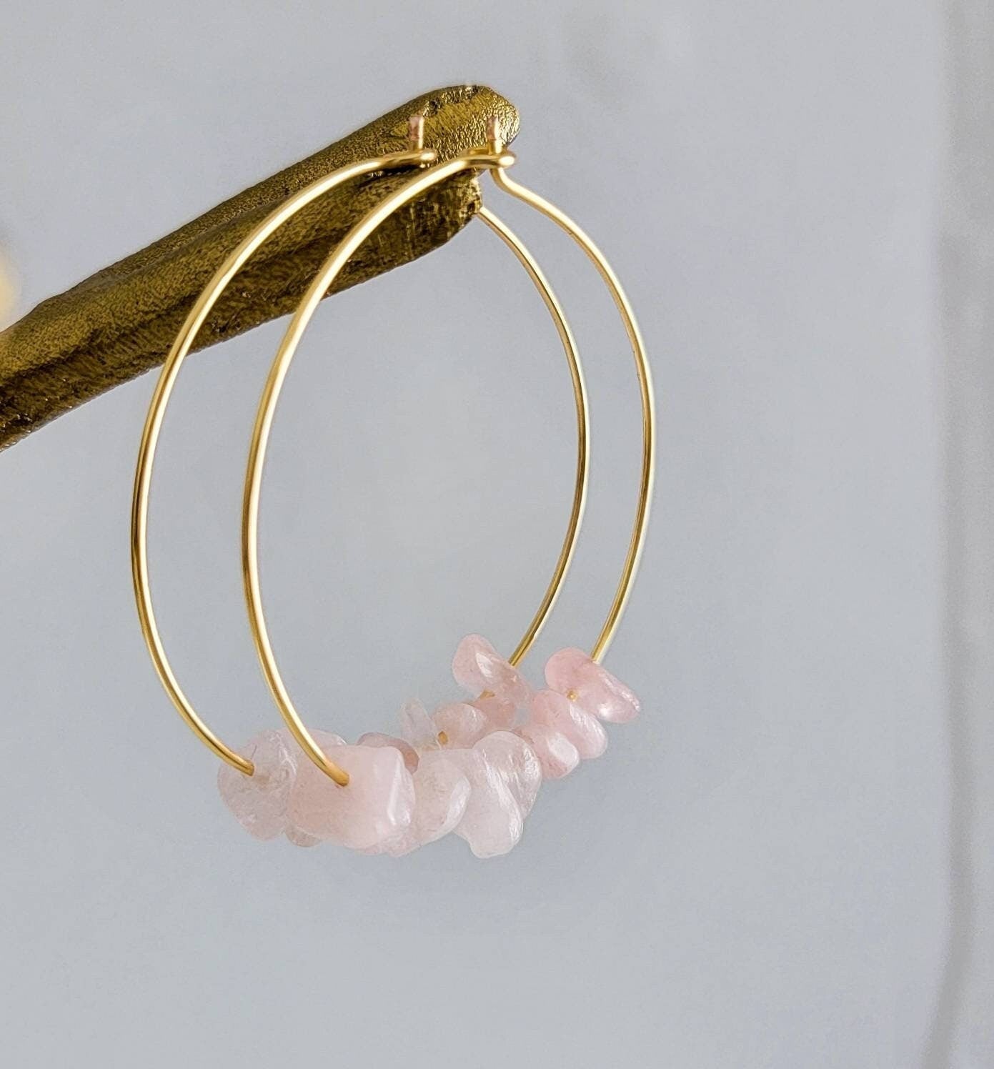 Rose quartz Hoops earrings, Raw Rose quartz earrings, Thin hoop earrings, Raw crystal earrings, Raw stone earrings, christmas-gifted