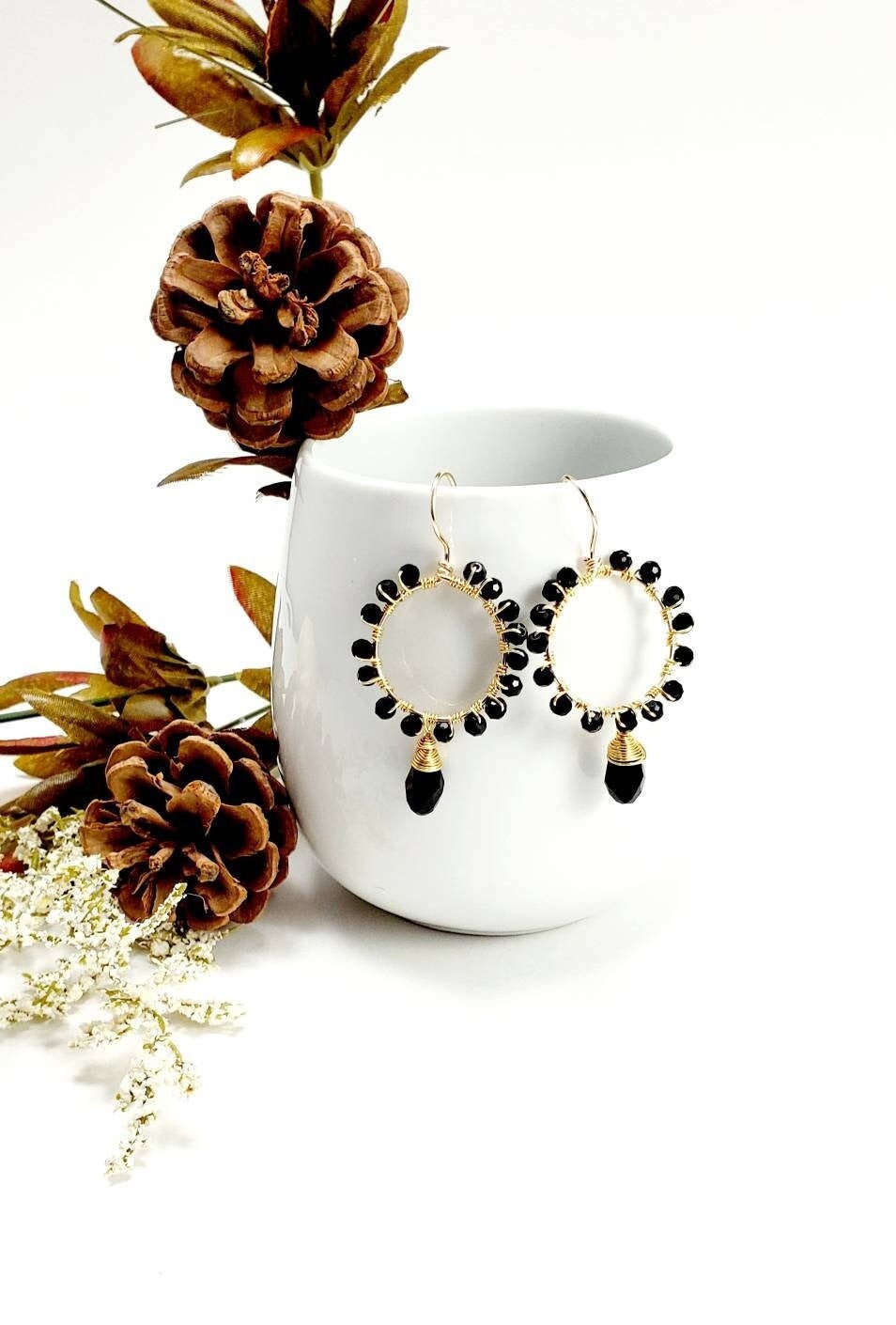 Black hoop earrings for women,Hoop earrings with charm, Gold filled hoop earrings, trendy hoop earrings, gold black hoops, everyday earrings
