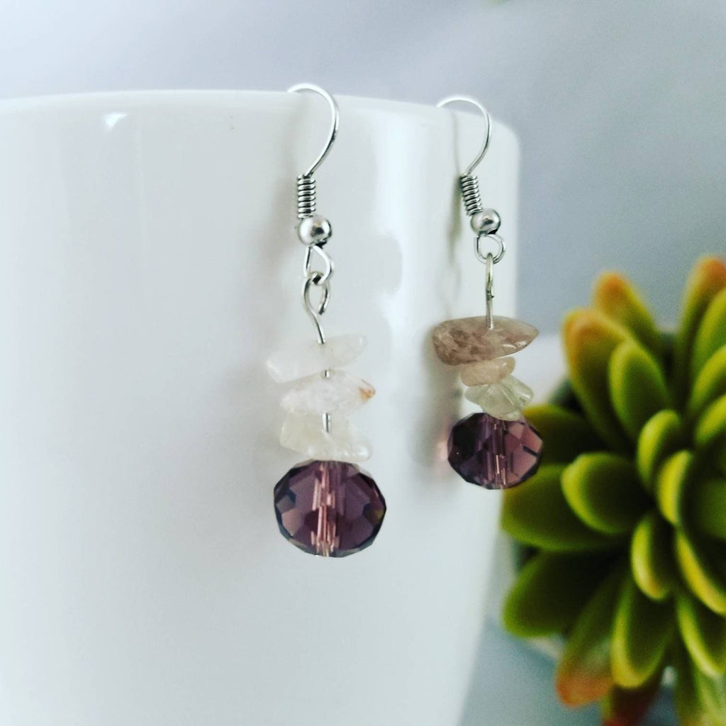 Raw Amethyst Earrings, Raw Crystal Earrings, Czech Crystal Earrings, Raw Gem Earrings, Amethyst Crystal Earrings, Raw Quartz Earrings