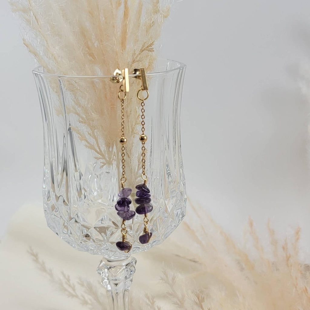 Drop Chain Earrings, Dainty Amethyst Earrings, Gold Chain Earrings, Minimalist Earrings, Gold Earrings Threaders, Dropping Earring, For Mom