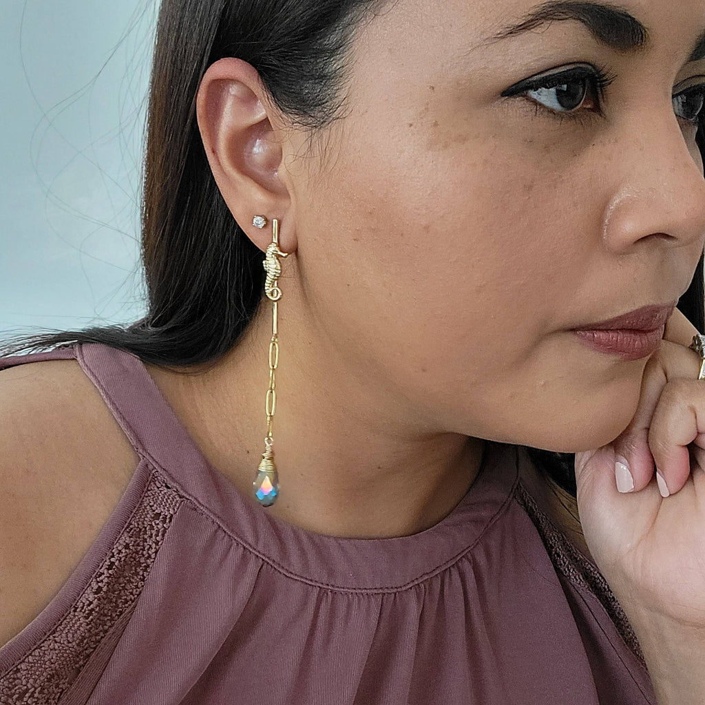 Threader Chain Earrings, Seahorse chic earrings, minimal earrings, dainty earrings, celestial hoops, cz chain earring, chain stud earring