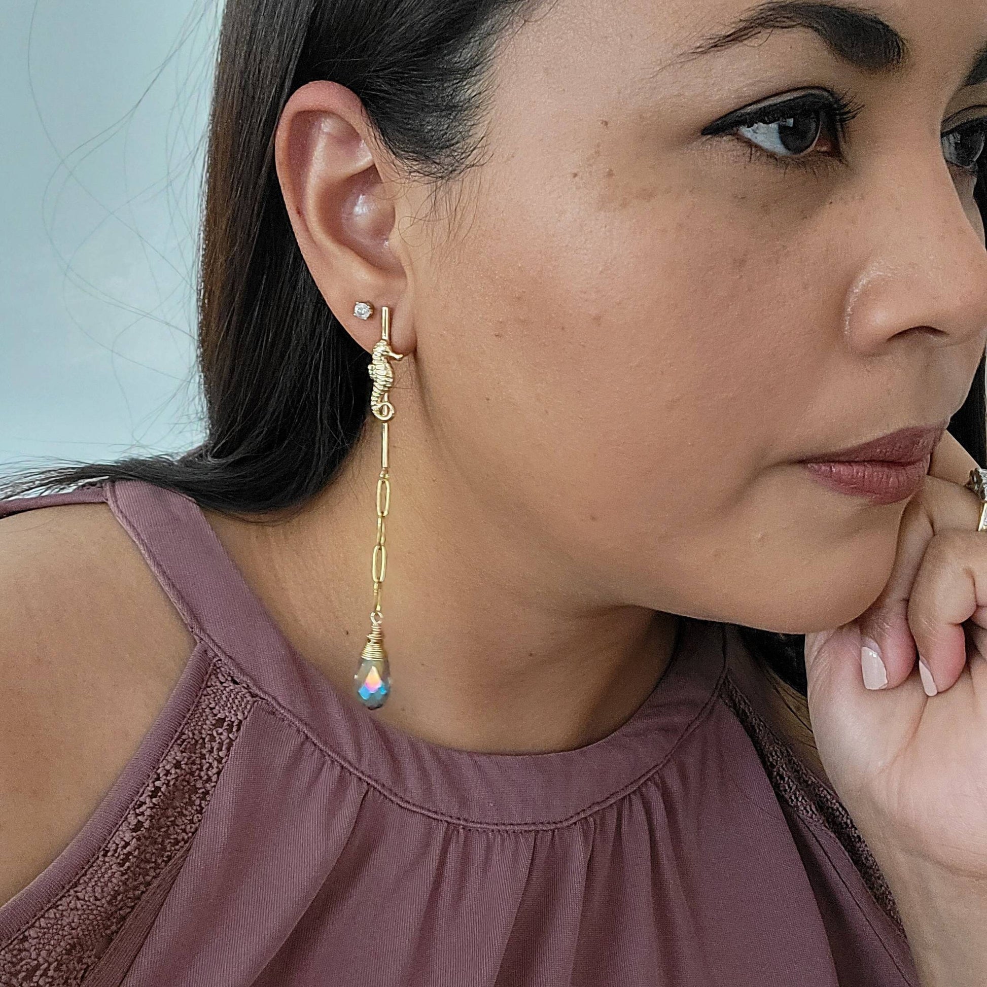 Threader Chain Earrings, Seahorse chic earrings, minimal earrings, dainty earrings, celestial hoops, cz chain earring, chain stud earring