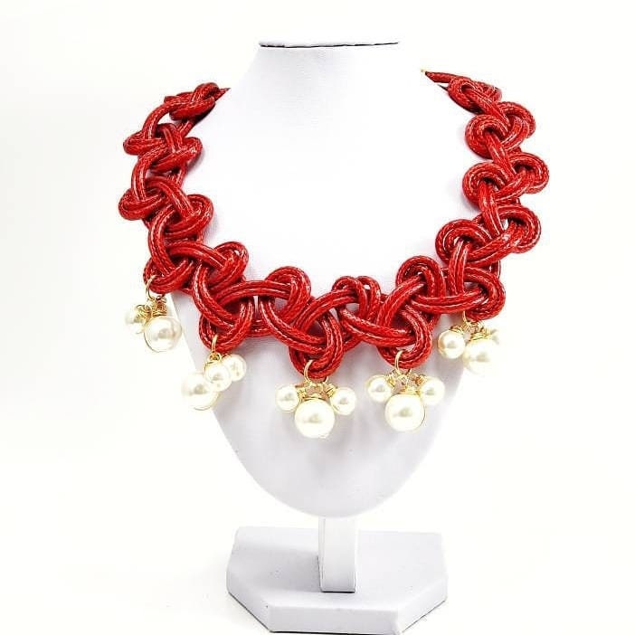 Pearl choker necklace, chunky choker necklace, leather choker red,  gifted choker, chunky charm necklace, moms gifted, necklace giftful