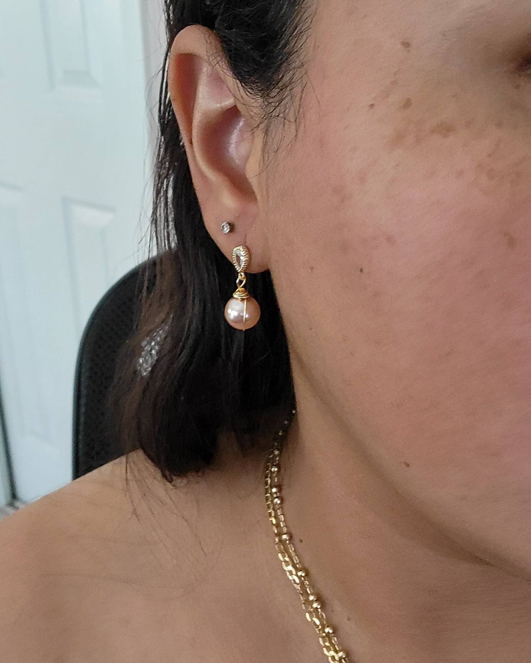 Pink Pearl Earrings Drop, Small pearl earrings, Pearl earrings wedding, Pearl earrings bridesmaid, Pearl weddings earring, Bridal earrings