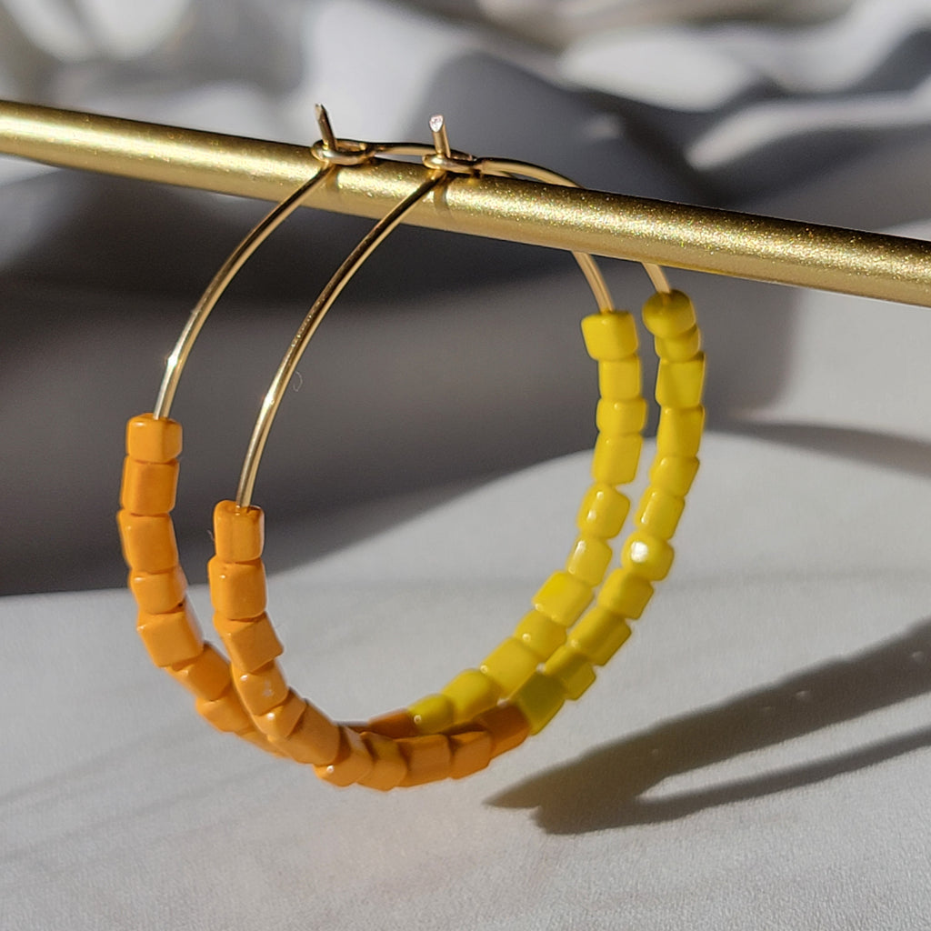 Yellow Orange Hoop Earrings, Neon bright colorfulBeaded thin hoop Earrings, Everyday earrings, Summer earrings, Colorful hoopearring