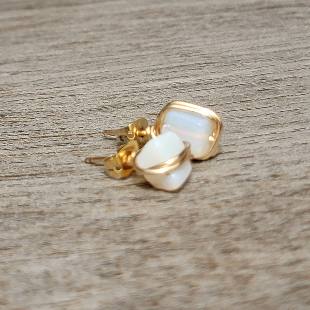 Dainty opal stud earrings, White opal studs, Tiny opal studs, Small stud earrings, Gold opal earrings, Clear crystal quartz post earrings