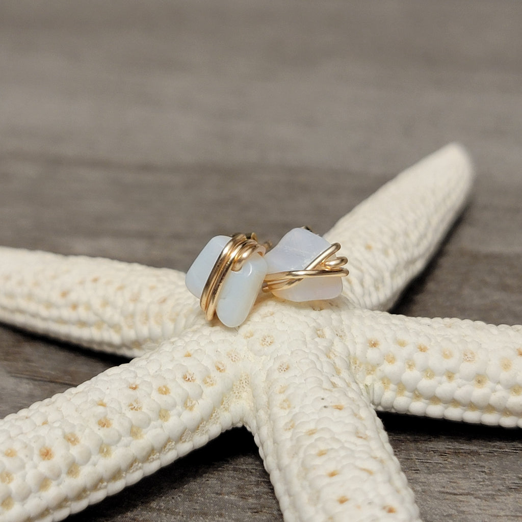 Dainty opal stud earrings, White opal studs, Tiny opal studs, Small stud earrings, Gold opal earrings, Clear crystal quartz post earrings