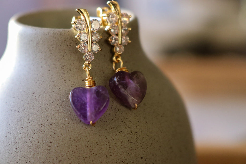 Amethyst Heart Earrings, Minimalistic earrings, Valentins earrings, gifted birthday, bridesmaide gift, anniversary giftful, giftful earrings