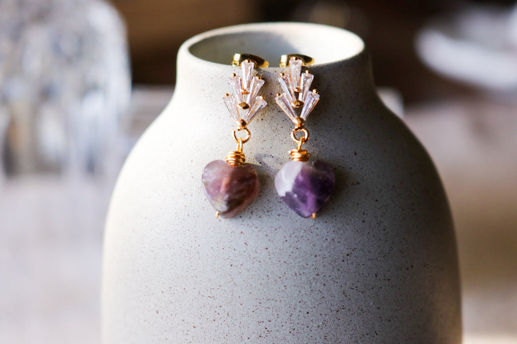 Heart amethyst earrings, Minimalistic earrings, Valentins earrings, gifted birthday, bridesmaide gift, anniversary giftful, giftful earrings