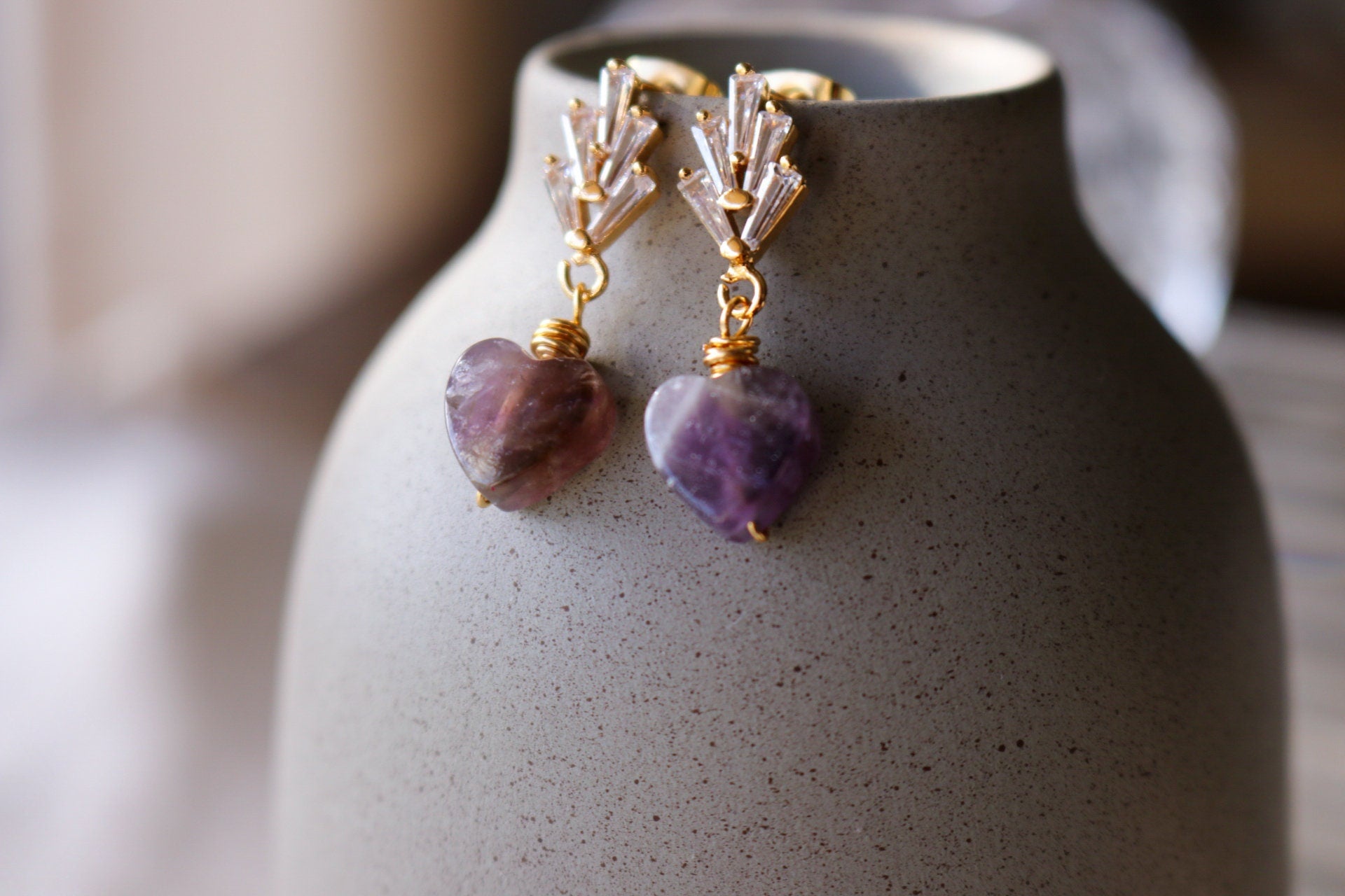 Heart amethyst earrings, Minimalistic earrings, Valentins earrings, gifted birthday, bridesmaide gift, anniversary giftful, giftful earrings
