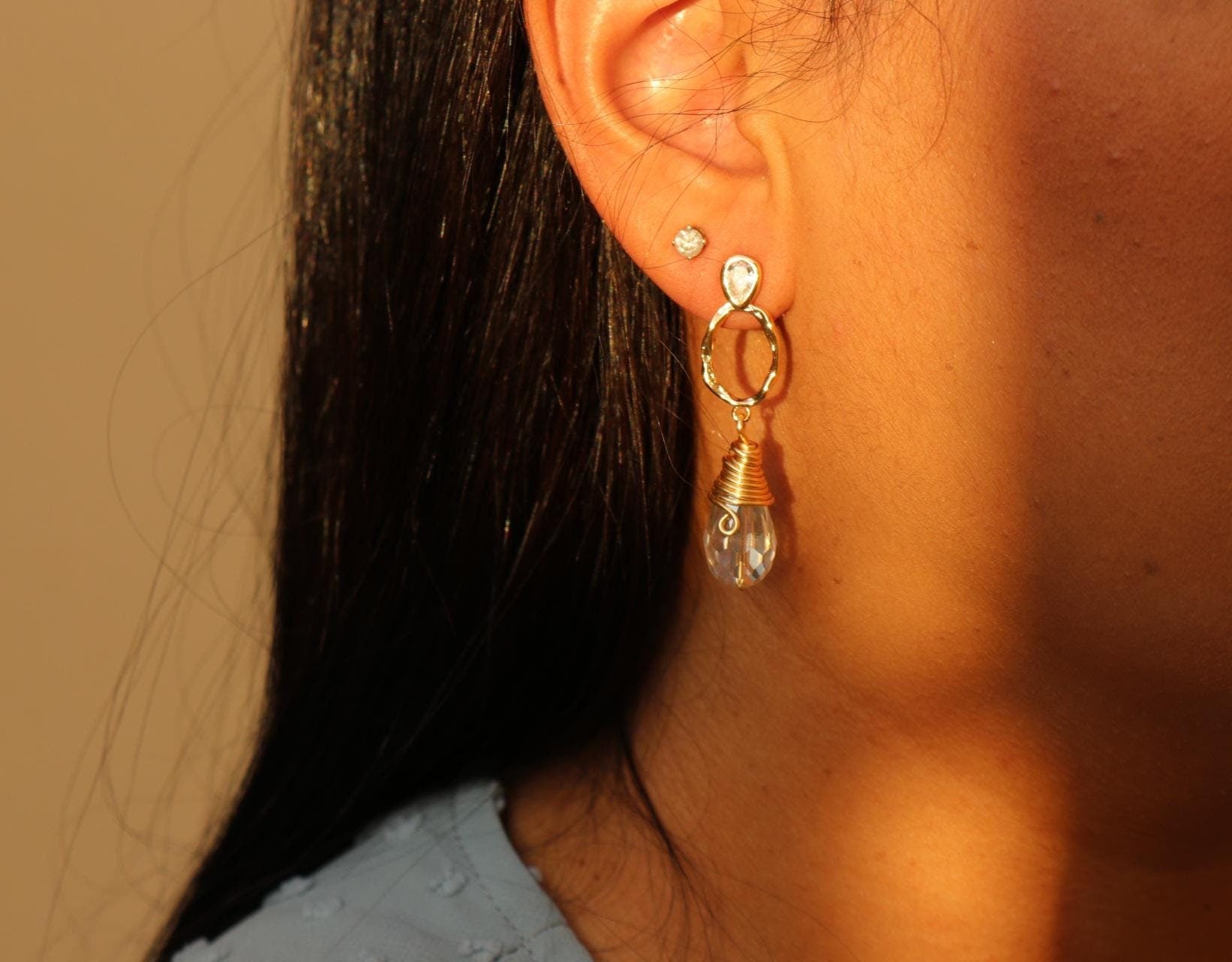 Crystal Quartz Hoop Earrings, Gold Boho Hoops, Crystal Hoops, clear quartz hoop earrings, gold filled hoop earrings, thin gold hoop earrings
