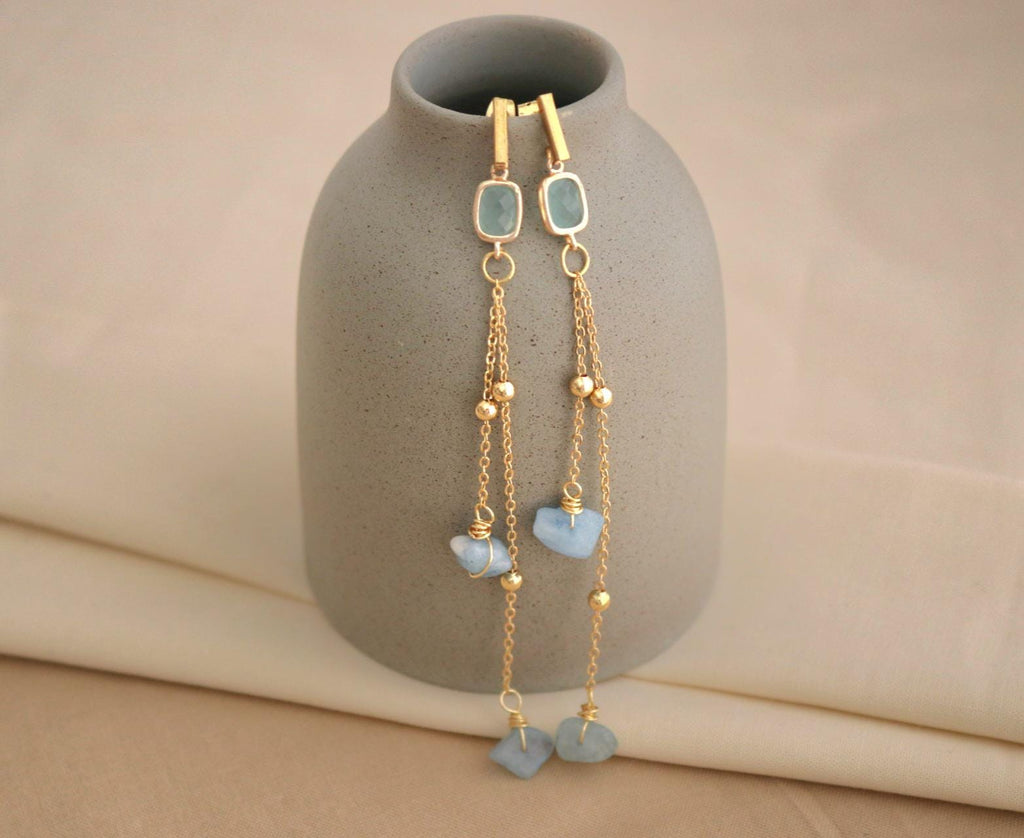 Aquamarine Earrings, BirthstoneEarrings, Threader aquamarine earrings,Raw Aquamarine Hoops, blue earrings, tiny gemstone, march birthstone